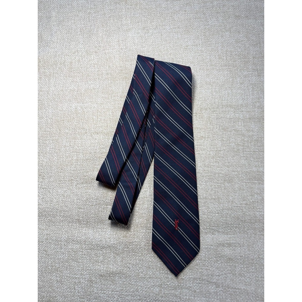 Yves Saint Laurent Silk Tie Navy Red White Diagonal Repp Stripe YSL Logo Vintage